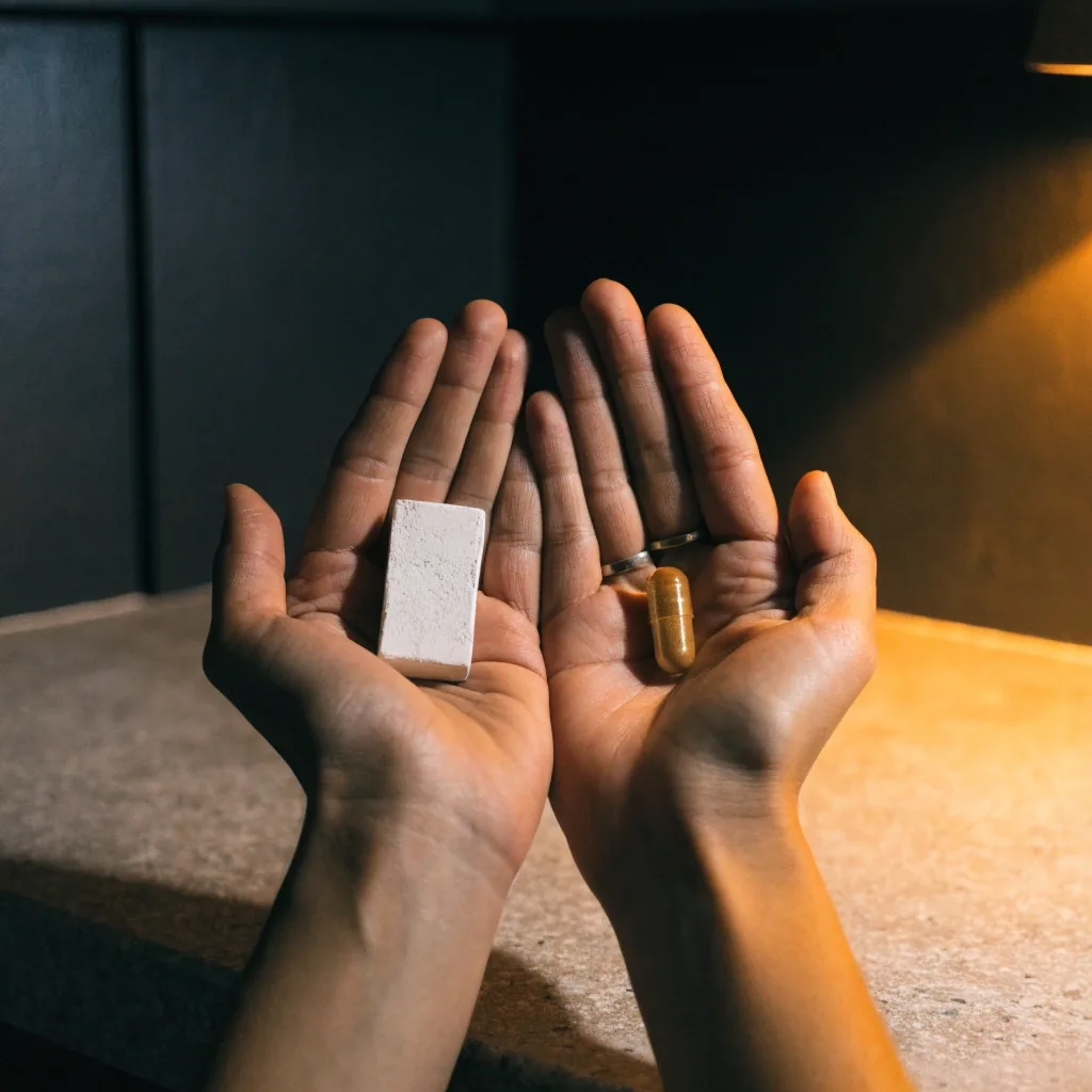 Unbranded tablet and capsule side by side on a plaster bench with a wooden rule crossing the frame