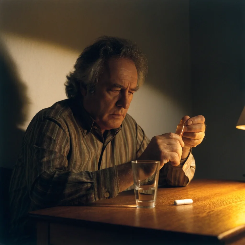 A glass of water and a cooling mug on a plaster sill under a warm doorway lamp at night