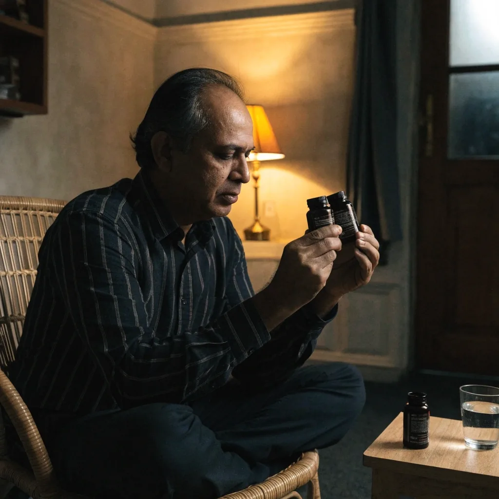 A man in his late thirties checking the back of a supplement bottle at a kitchen counter in the evening