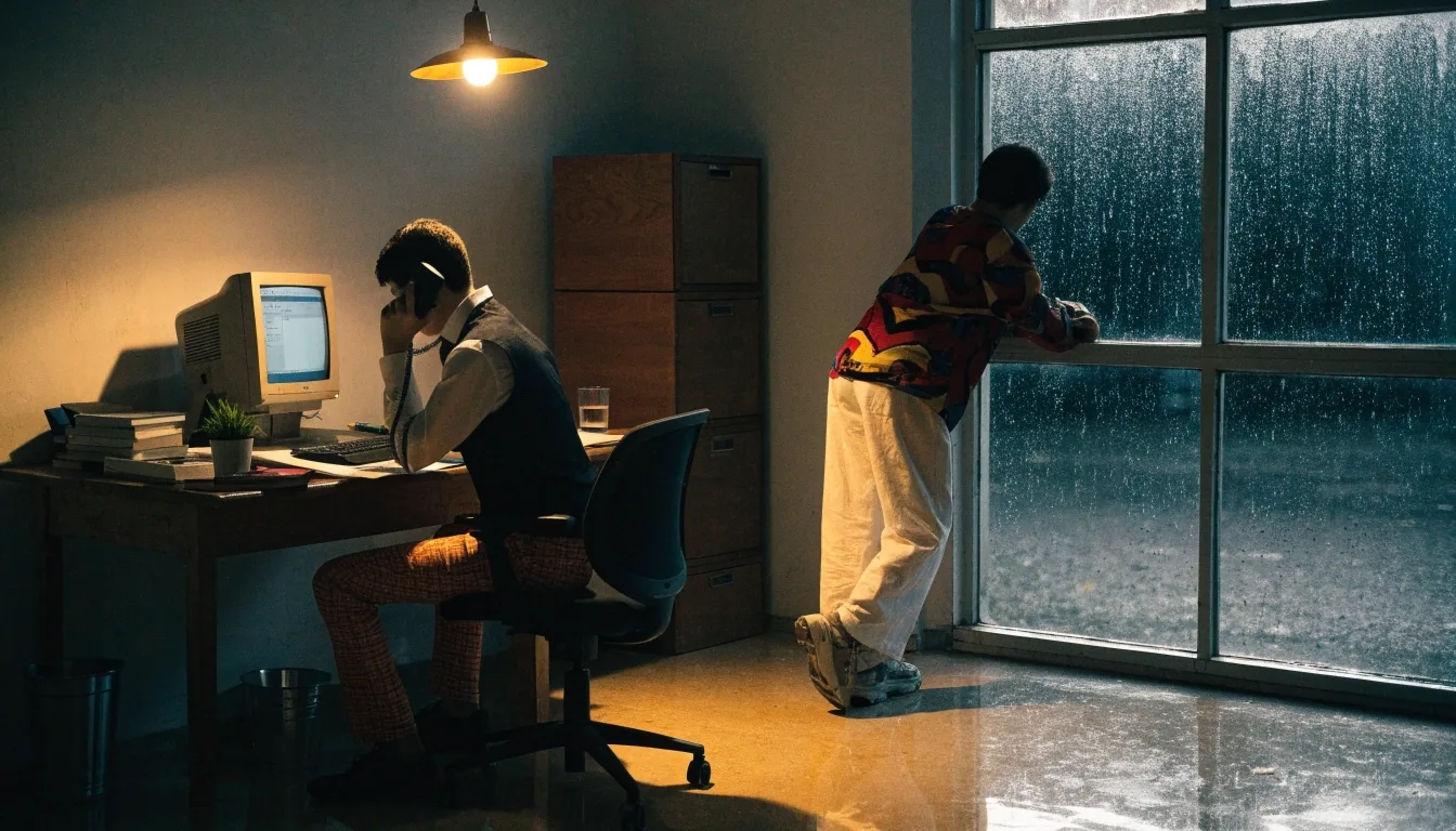 Doorway of the NusaVital office at night, warm lamp light across the floor and a rain-streaked window