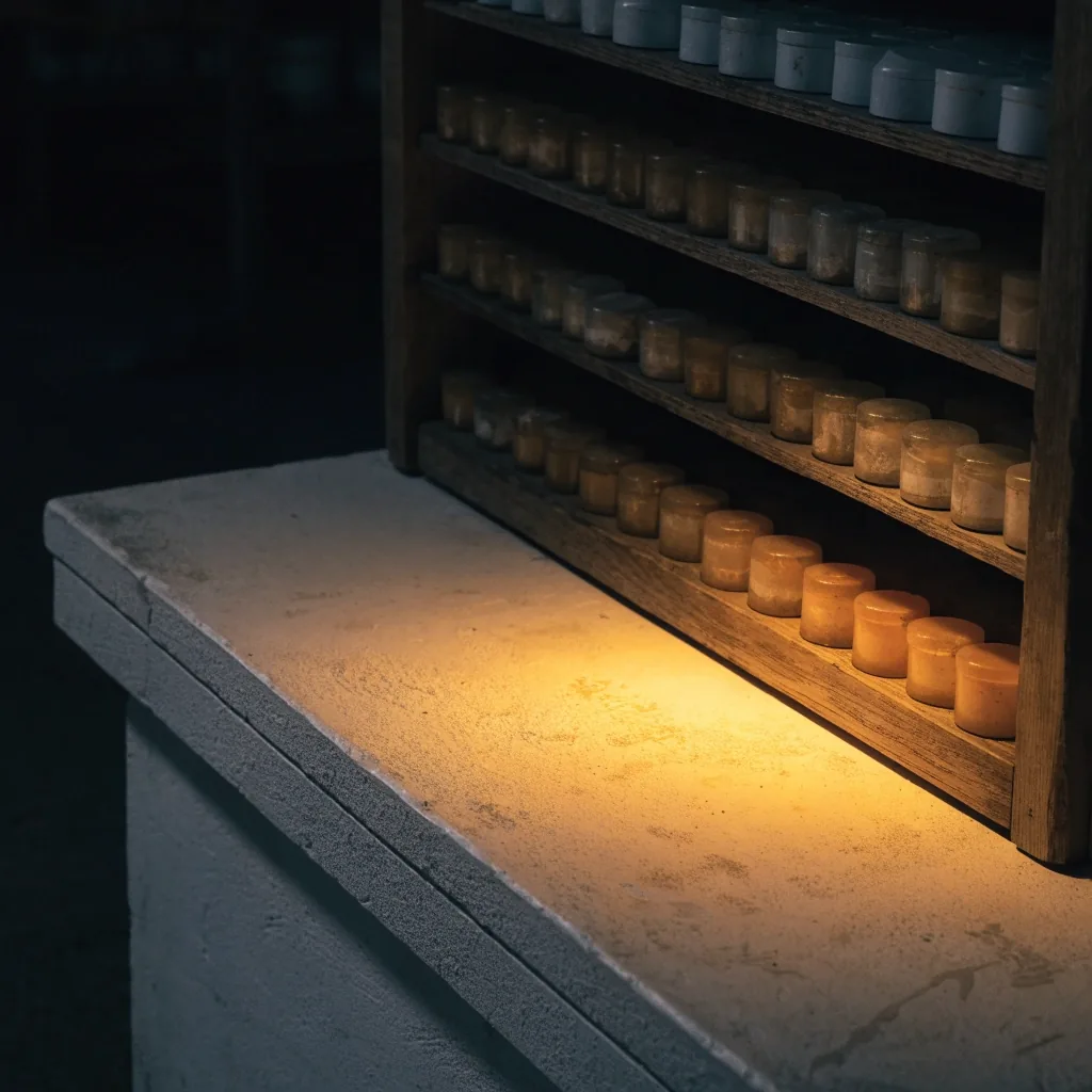 A wooden rack on a matte plaster bench at night, lit by a single warm lamp