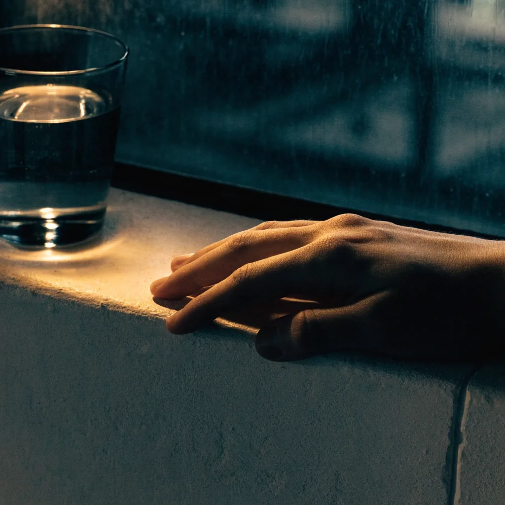 A glass of water beside a plaster bench under a doorway lamp at night