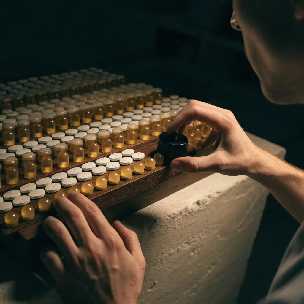 Hands arranging unbranded daily vitamin formats on a wooden rack in warm nighttime light