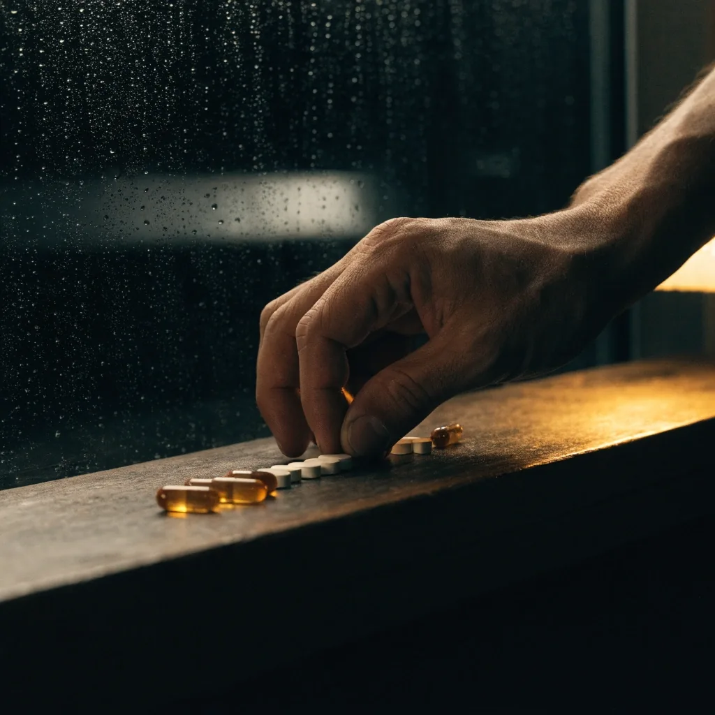 A row of unbranded supplement format objects arranged on a plaster bench viewed from a low angle, lit by warm amber light with a rain-streaked window behind