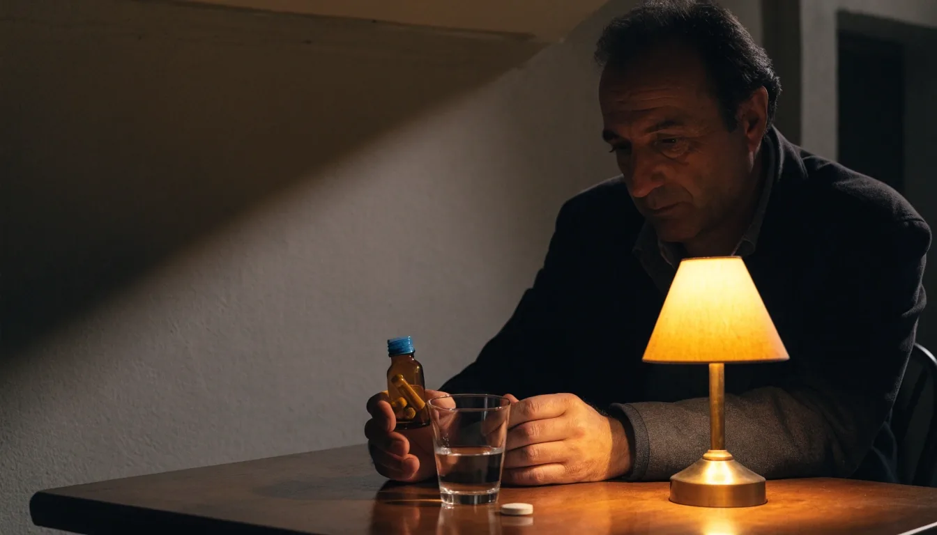 A glass of water with an unbranded amber capsule and a chalk-white tablet on a matte plaster bench under a warm lamp at night