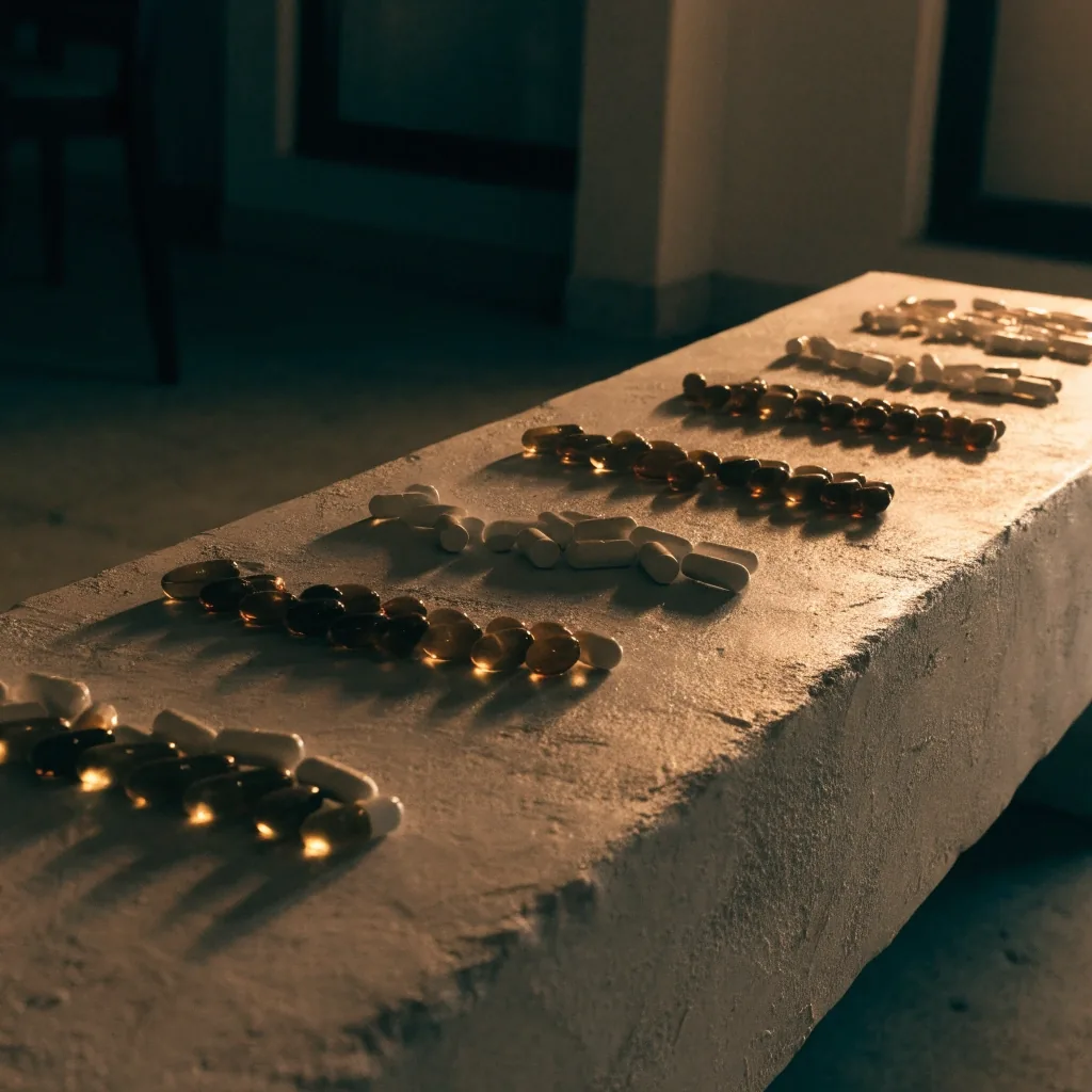 Rows of unbranded capsule and tablet formats laid out in loose lines on a matte plaster bench under warm side light