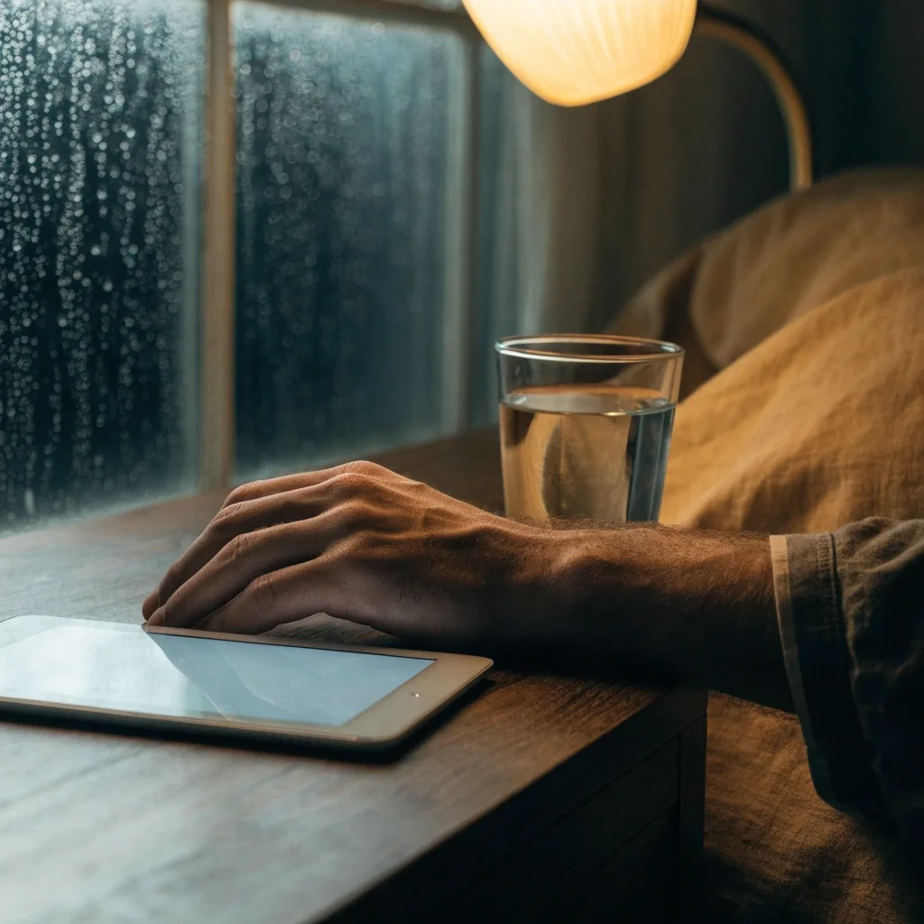 A night bench in low warm light: a glass of water, an amber capsule and a white tablet resting on matte plaster, rain-blurred glass behind.