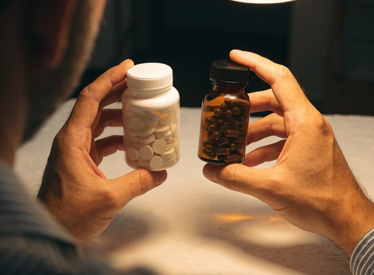 Hands holding two unbranded supplement containers side by side over a matte table in warm lamp light.