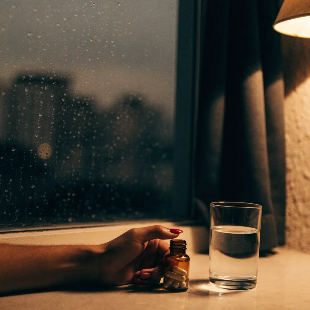 A quiet evening bench with a glass of water, an amber capsule and a chalk-white tablet resting on matte plaster