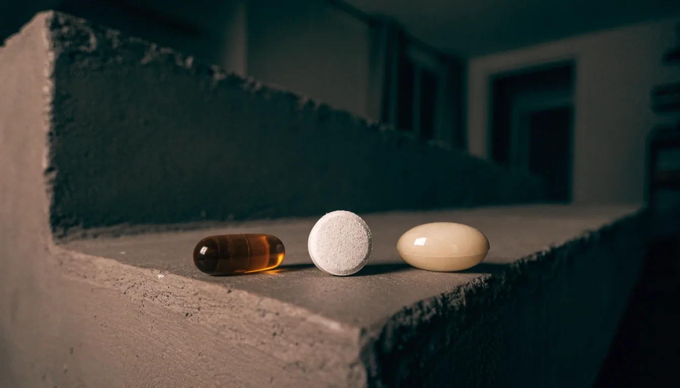Supplement formats and a glass of water arranged on a matte plaster bench under a warm lamp at night
