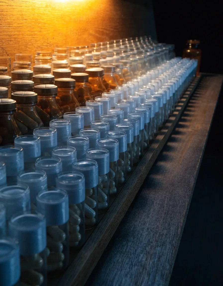 Wooden rack holding unbranded supplement formats on a plaster bench, lit by a single warm lamp